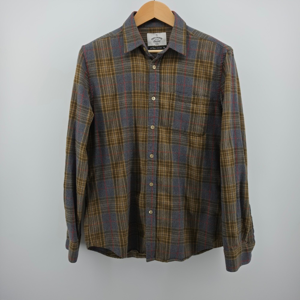 Portuguese Flannel Mens Plaid Flannel Shirt Grey Brown Size M Made in Portugal